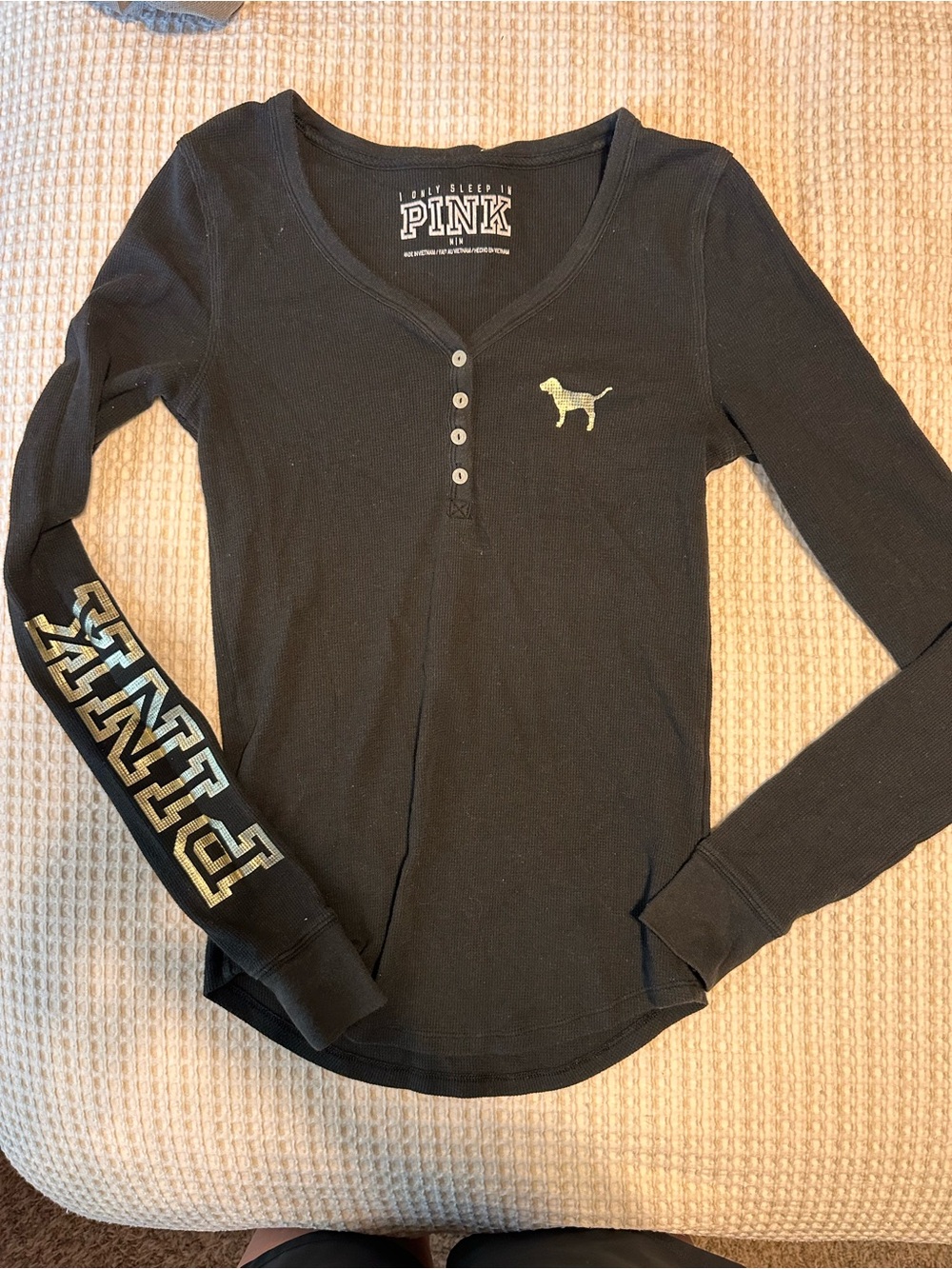 PINK Victoria's Secret Black Long-Sleeve Henley with silver Logo